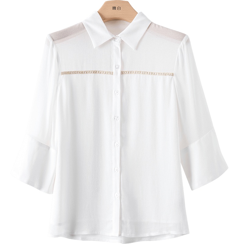 晚白2020夏季新品时尚通勤简约纯色气质翻领单排扣长袖衬衫衬衣女