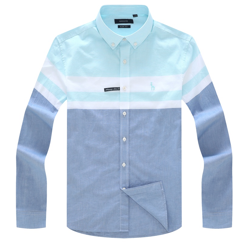 哈吉斯HAZZYS 夏季 衬衫英伦时尚条纹拼接休闲男衬衫