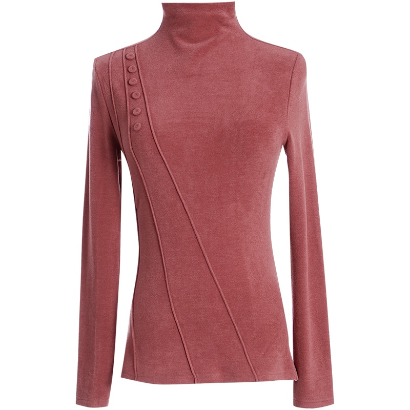 OUNIXUE欧昵雪 | [简约绒面打底衫]秋冬季减龄高领包扣装饰修身长袖针织衫女