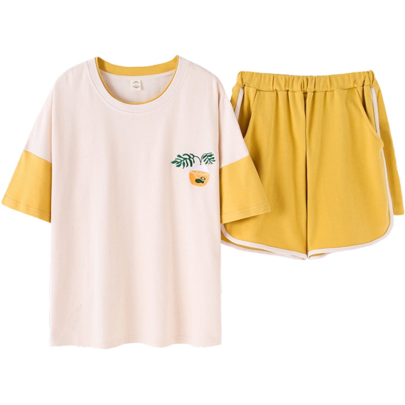 俞兆林睡衣 纯棉女士夏季简约休闲绣花短袖短裤甜美少女全棉家居服可外穿女睡衣