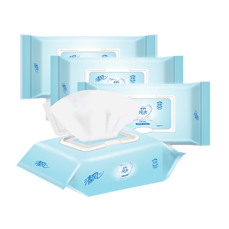 清风 湿巾 纯水湿巾80片4提湿纸巾洁肤清洁湿巾家庭装无添加 无刺激 无酒精 大包装整箱