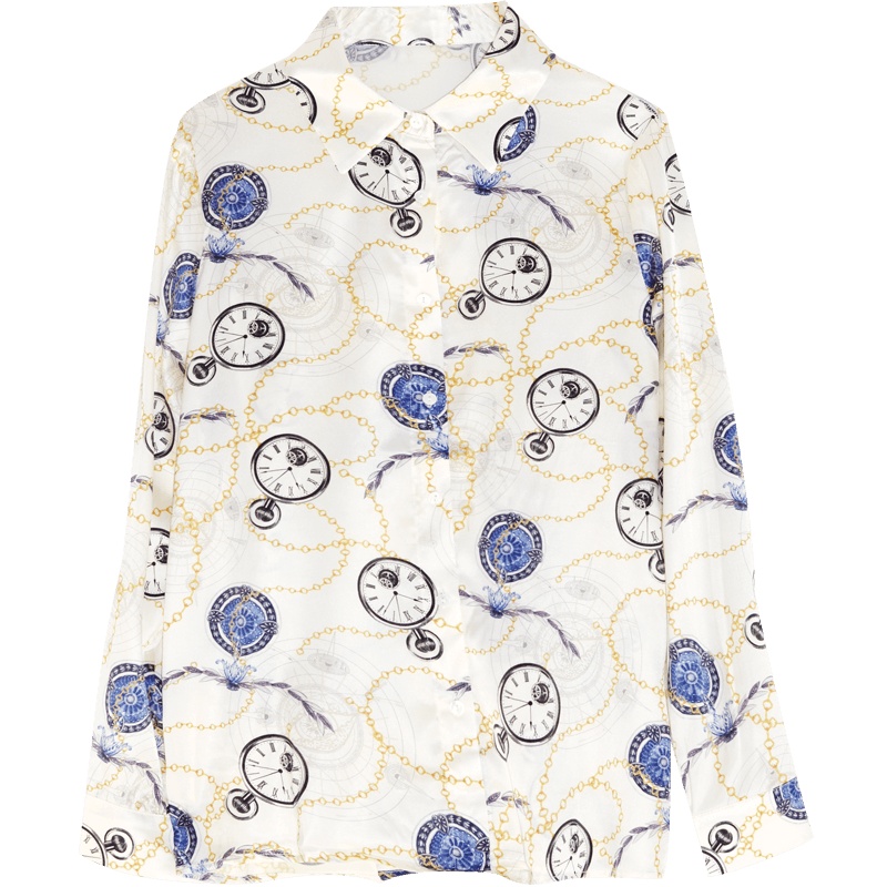 金菊2020夏新款时尚印花长袖真丝衬衫女气质洋气宽松桑蚕丝上衣