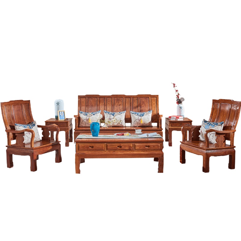 周家庄 红木家具非洲花梨（学名：刺猬紫檀）沙发实木沙发中式客厅组合万字沙发组合 123六件套（生漆）