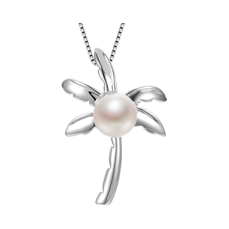 京润珍珠 椰树 S925银镶淡水珍珠吊坠 6-7mm馒头珠白色珍珠项坠 珠宝宠自己送妈妈