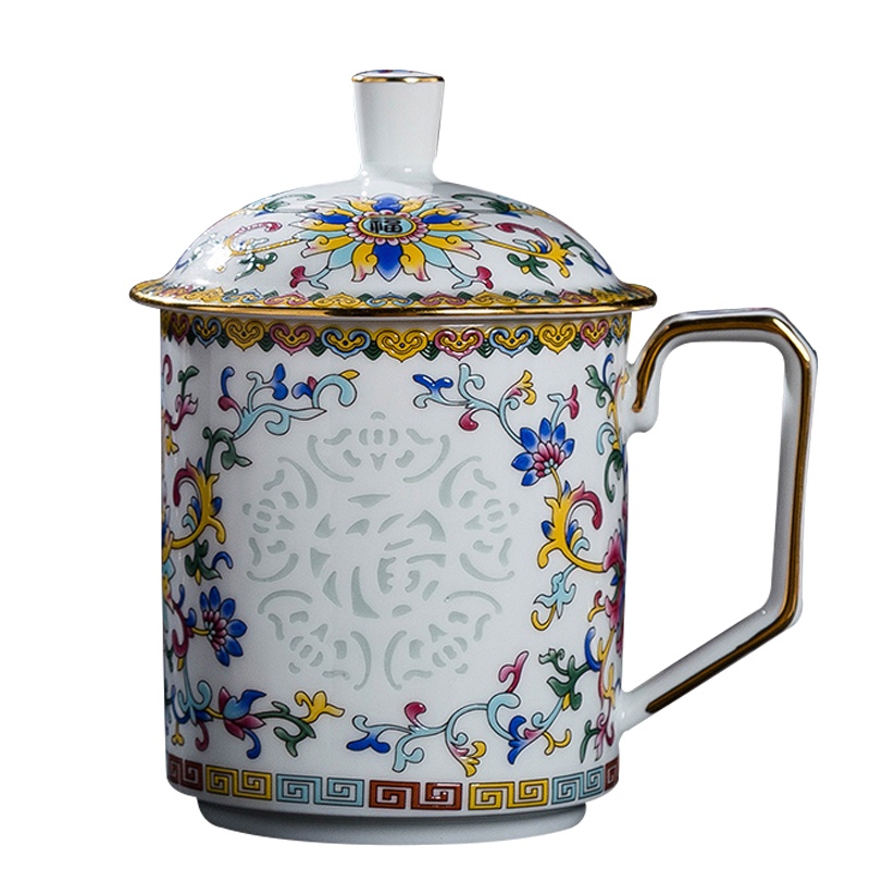 LICHEN 新中式陶瓷茶杯景德镇陶瓷器办公杯大容量500ml玲珑杯描金茶具 黄色 锦盒包装