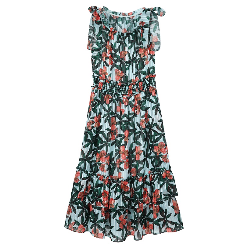 马克华菲女装2019夏季雪纺碎花裙夏小清新 无袖蝴蝶结连衣裙