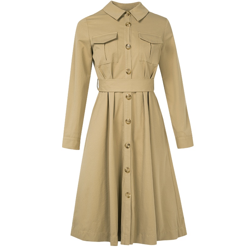 晚白2020秋冬新品简约通勤百搭纯色翻领修身高腰A字裙连衣裙女