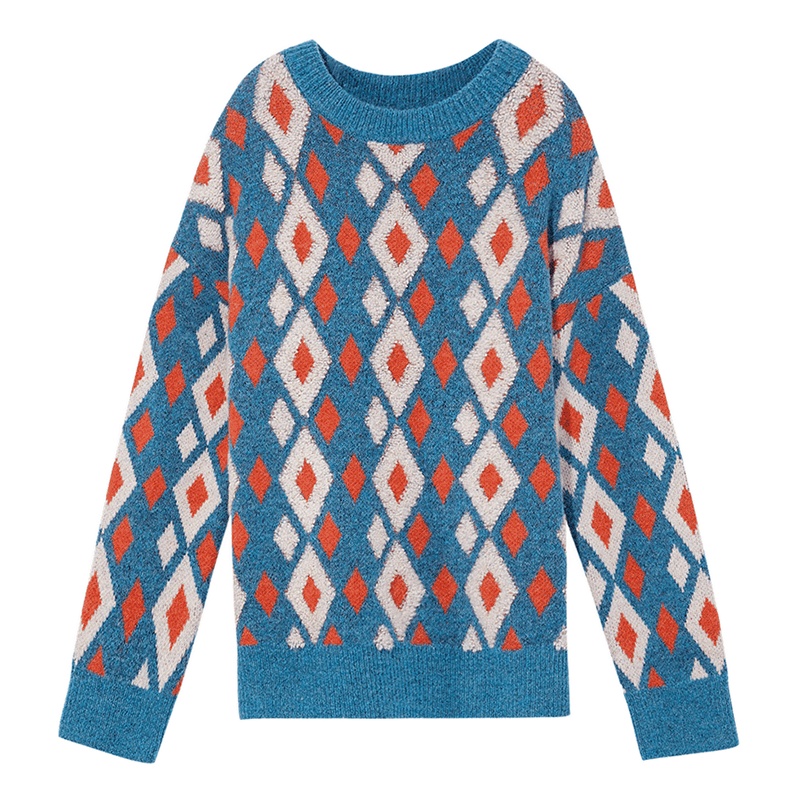 三彩2020冬季新款复古时髦宽松套头针织菱格纹毛衣女