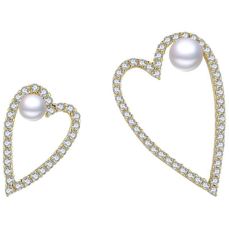 佰色传情BRIR纯银不对称小爱心耳环女淡水珍珠耳钉气质耳饰