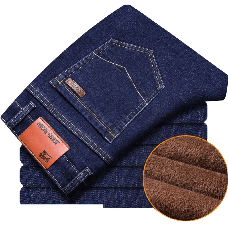 吉普战车冬季新款男士弹力牛仔裤厚款宽松直筒柔软舒适时尚休闲裤男士商务中青年牛仔裤男装加厚长裤子