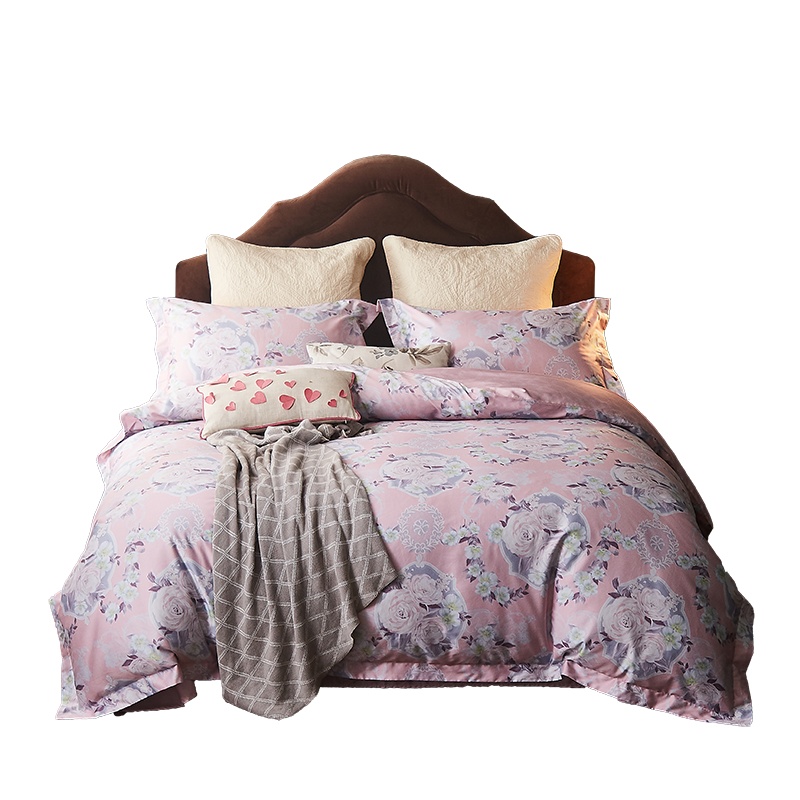 恒源祥家纺 萝丝花语全棉贡缎四件套 粉