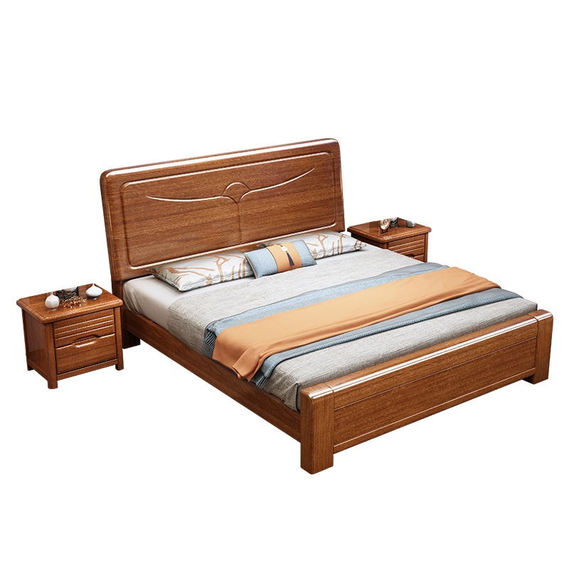 金丝胡桃木实木米双人位床1.5米单人床主卧室储物婚床经济型简易大床