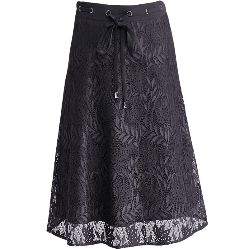 欧昵雪夏季黑色蕾丝半身裙女高腰绑带百搭优雅A字裙中裙