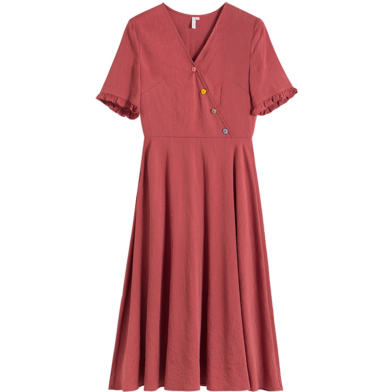 茵曼2019夏装新款气质V领五彩纽扣收腰A摆优雅浪漫纯色连衣裙女