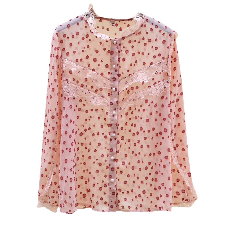 小样传奇  韩国2021年秋装新款蕾丝荷叶边粉色衬衫女长袖气质洋气雪纺衫上衣