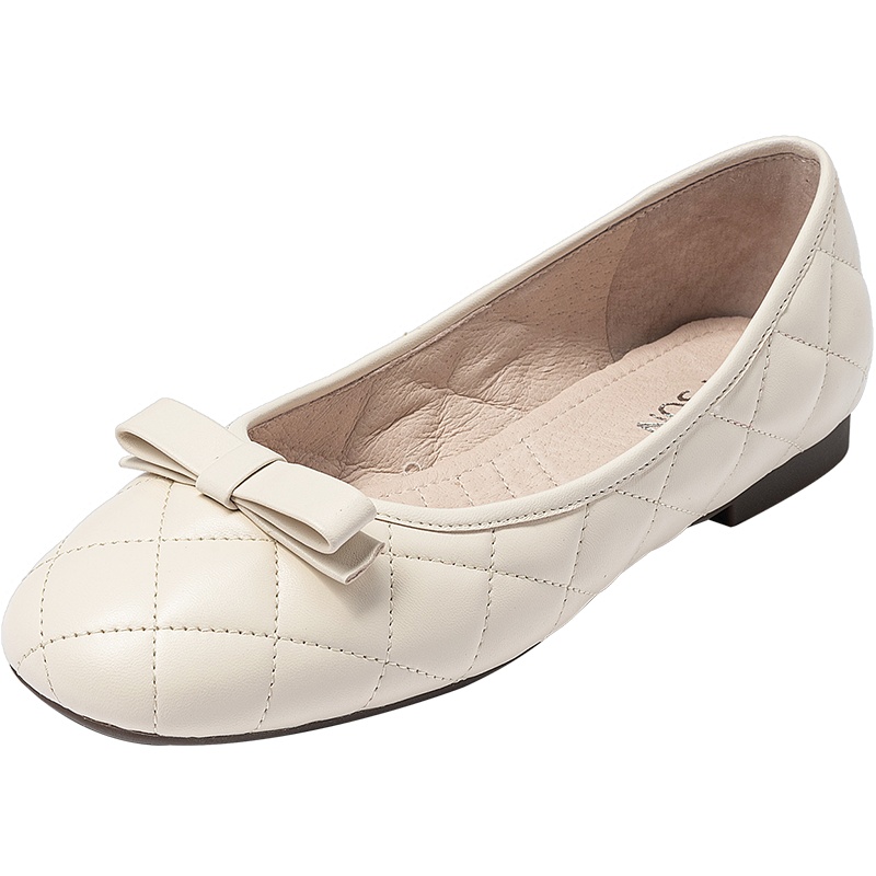 百田森秋季新款蝴蝶结平底奶奶鞋女方头甜美格纹真皮舒软单鞋