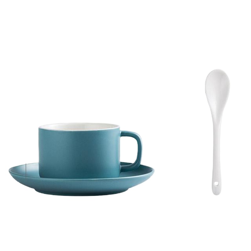 北欧风格咖啡杯碟咖啡杯套装陶瓷下午茶杯碟咖啡器具拿铁杯餐厅 封后 咖啡杯碟-蓝色(送勺子)