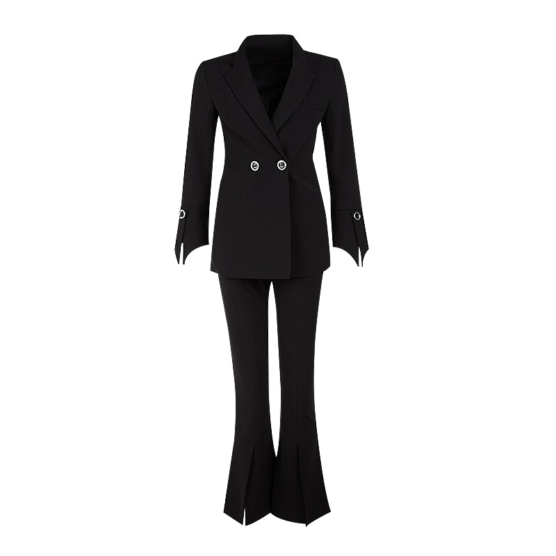 晚白 新款纯色通勤职业西装上衣外套喇叭裤优雅套装