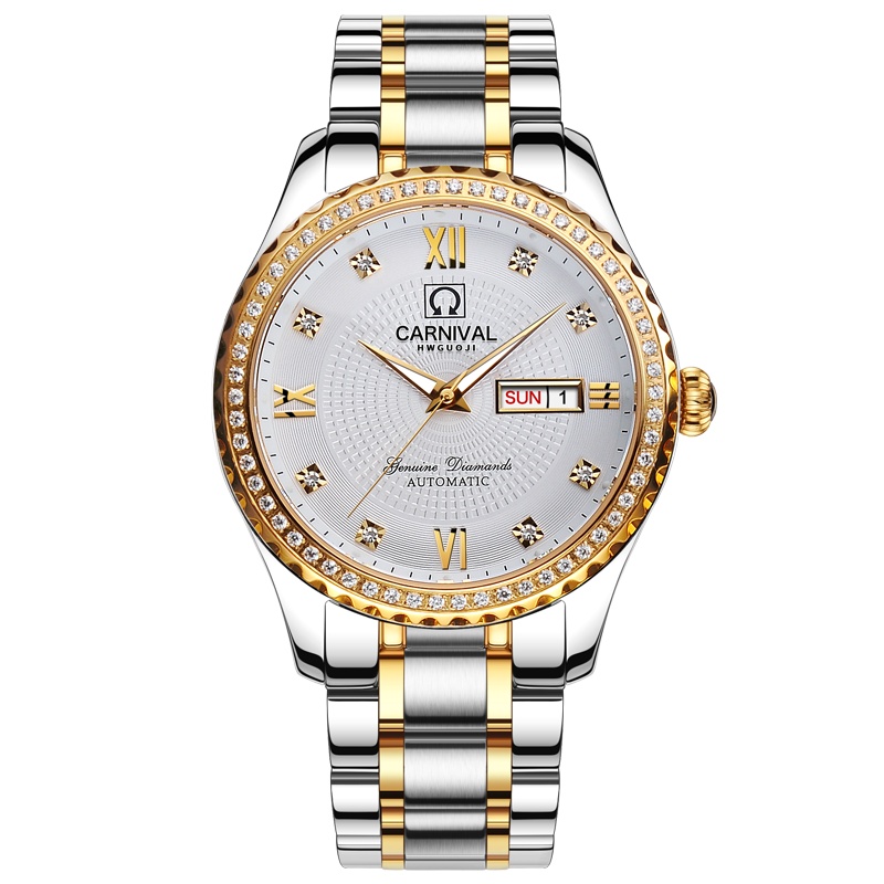 正品瑞士嘉年华Carnival手表新款全自动机械表 男女情侣对表休闲时尚夜光圈钻情侣手表金属精钢一对表Q-8629