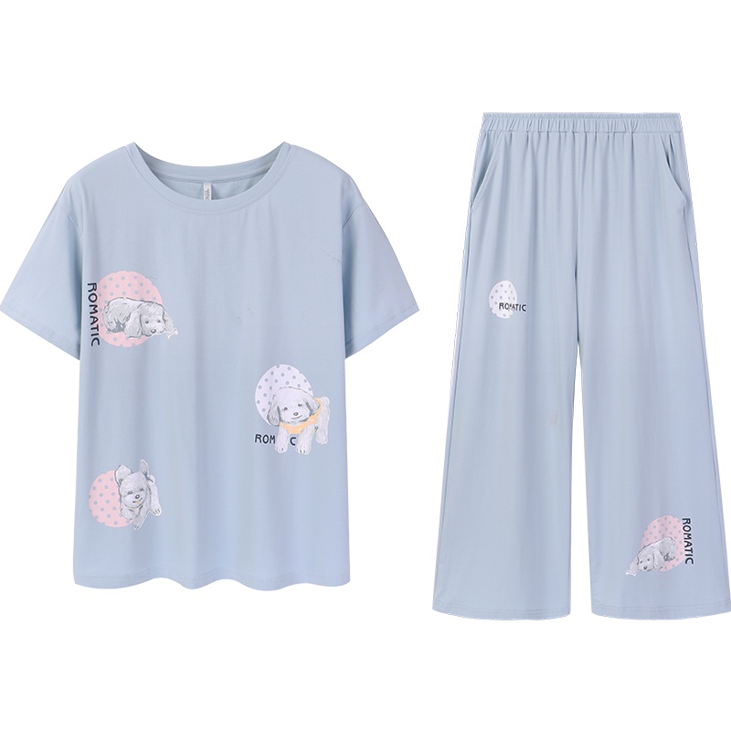 安之伴睡衣女夏季纯棉弹力针织素色短袖女套装家居服