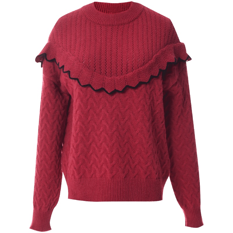 欧昵雪秋冬波浪边V型拼接圆领套头毛衣女长袖宽松针织衫