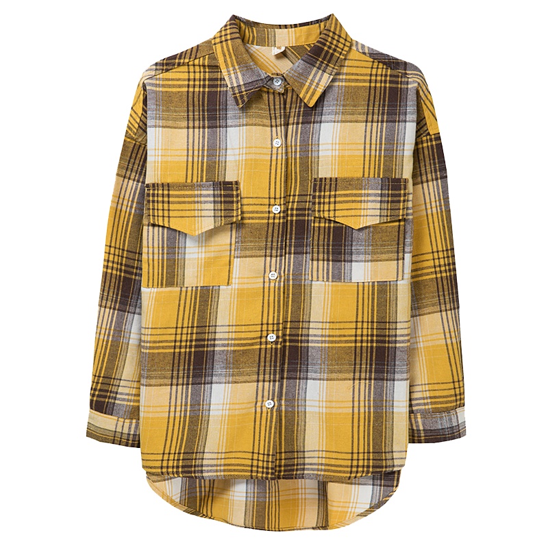 恒源祥衬衫女2021春季新款格子衬衫女复古翻领衬衣宽松长袖女装上衣