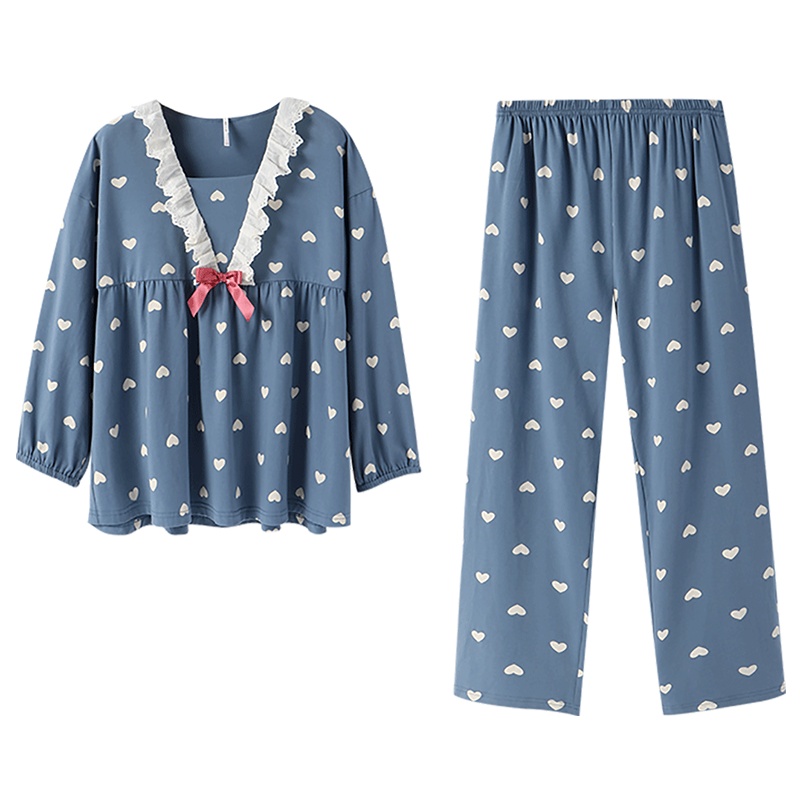 安之伴睡衣女春秋棉质弹力针织印爱心长袖女套装