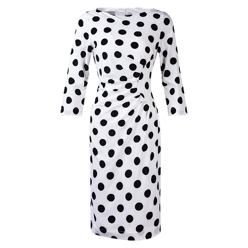 晩白 新品通勤复古波点一字领修身显瘦中长款包臀裙连衣裙