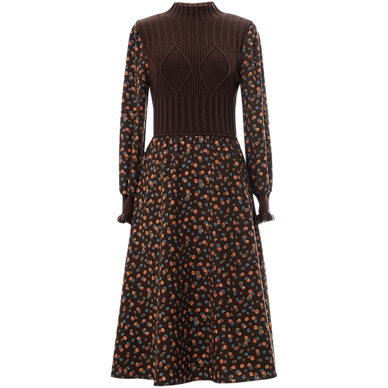 OUNIXUE欧昵雪 | [假两件印花波点连衣裙]秋冬季复古立领针织衫拼接A字裙女