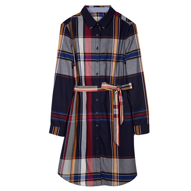 [无珉]女式格子衬衫裙秋季复古中长款拼色格子衬衫裙经典版型