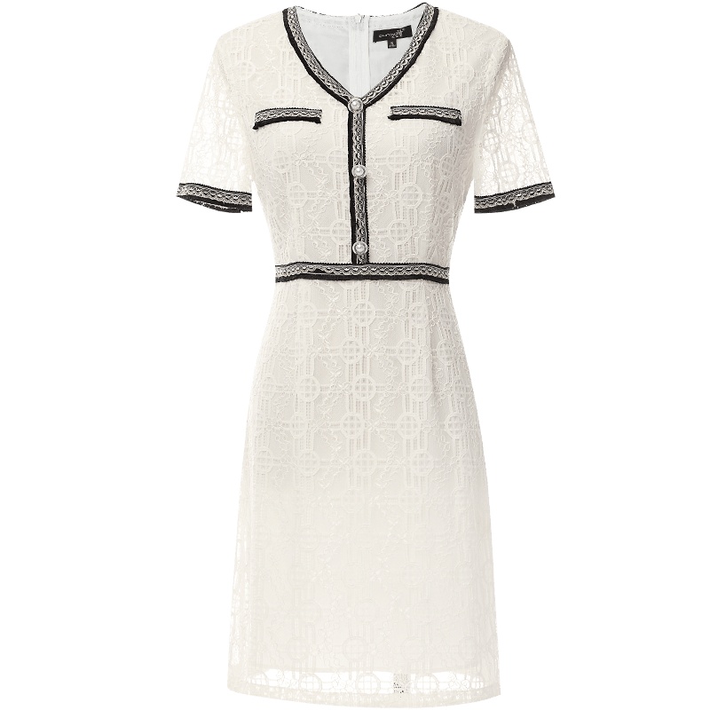 欧昵雪夏季小香风气质V领短袖高腰白色蕾丝连衣裙女短裙