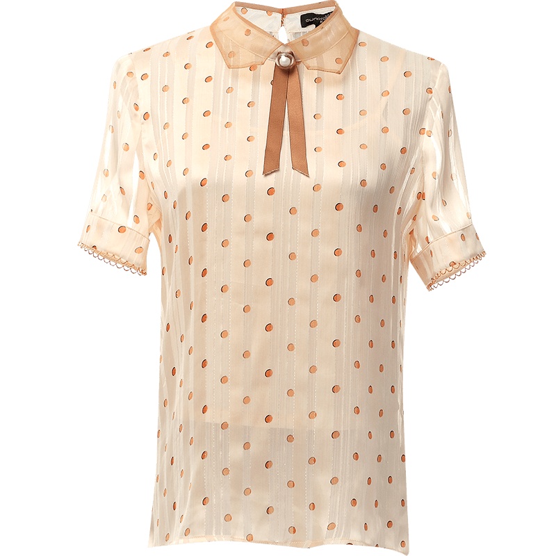 欧昵雪夏季网纱拼接翻领套头波点雪纺衫上衣女短袖两件套