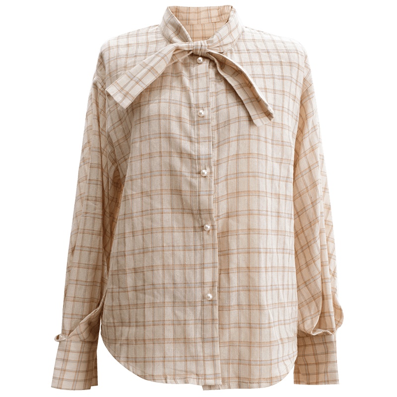 欧昵雪复古立领蝴蝶结直筒格子衬衫女长袖显瘦上衣