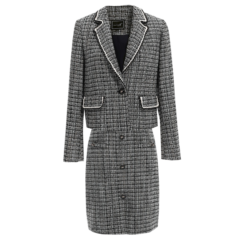 欧昵雪气质西装领粗纺短外套女高腰包臀半裙两件套装