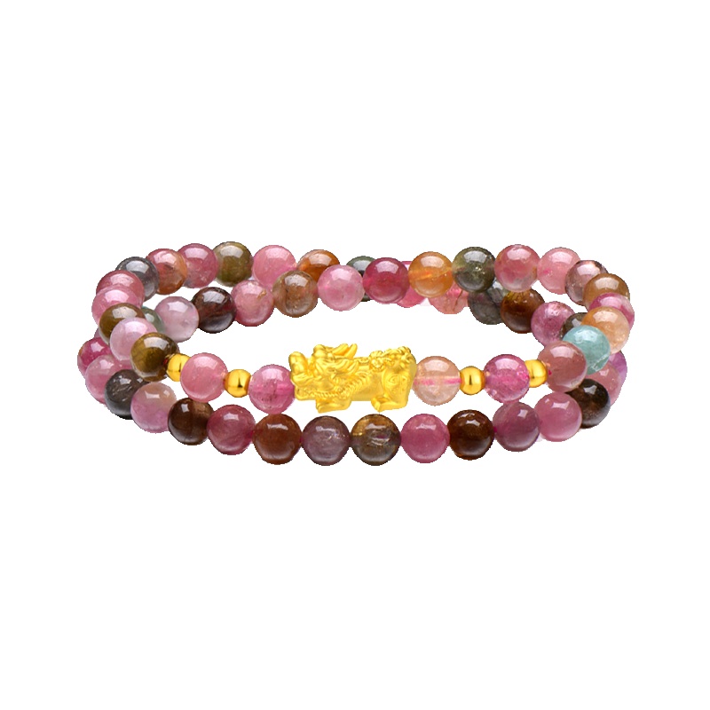 佐喜佑福 时尚貔貅黄金手链女款足金多彩碧玺路路通两圈手串 金重约0.4克 ZXZBZX101Dd