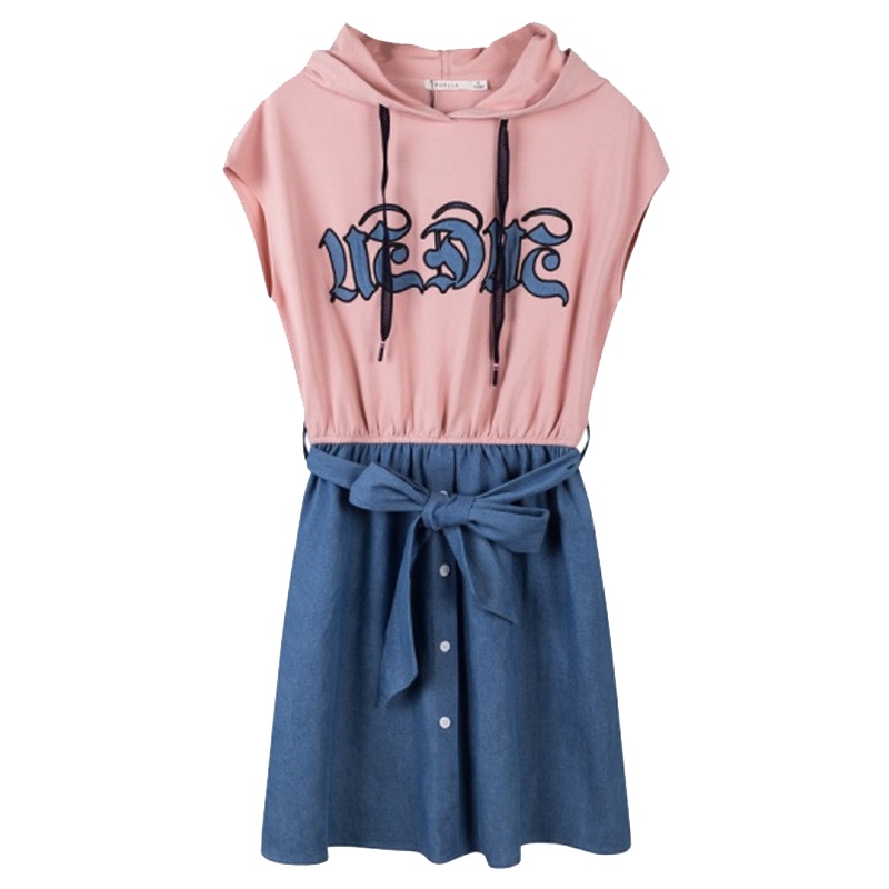 【专柜同款】拉夏贝尔夏新款收腰蝴蝶结连衣裙女装连帽短袖卫衣假两件短款裙子