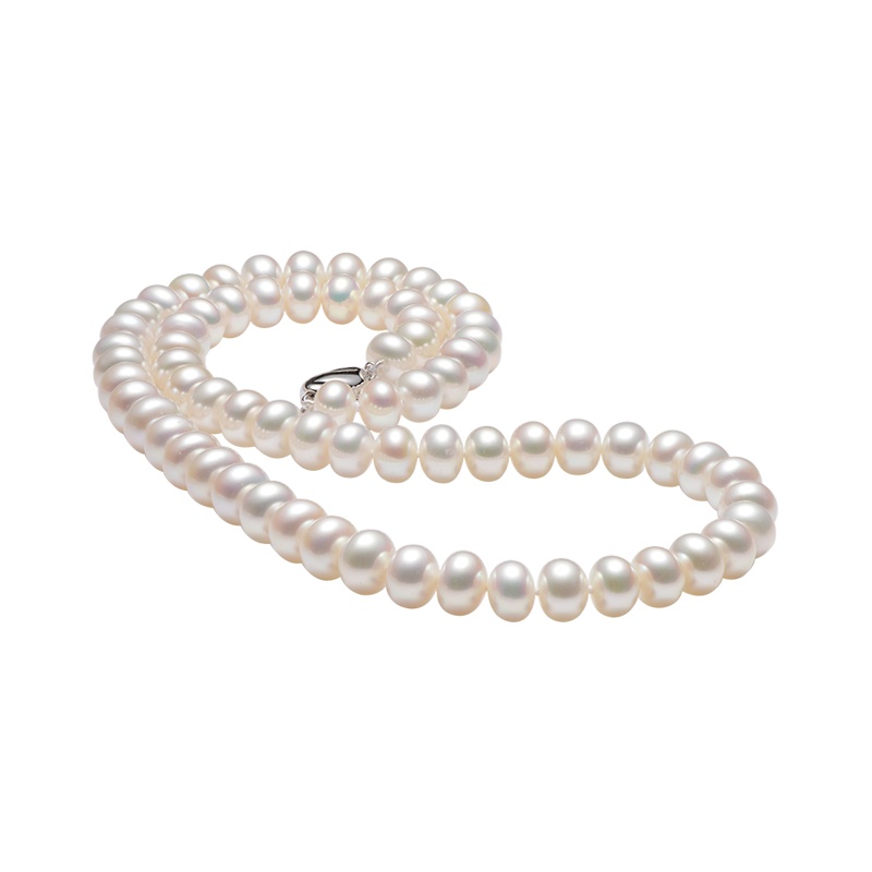 京润珍珠 聚 灵心 四面光扁圆形淡水珍珠项链全珠链9-10mm46cmS925银扣