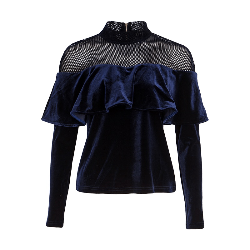 晚白女上装2019春季新品纯色立领丝绒拼接网纱荷叶边加绒套头上衣