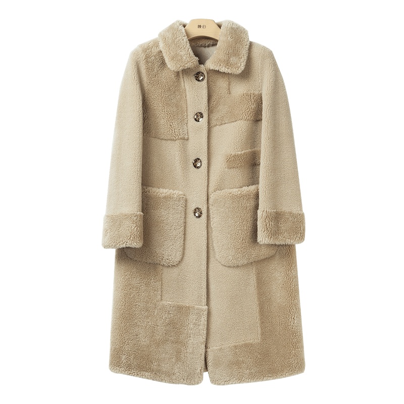 晚白 2020春季新品通勤百搭简约毛领单排扣中长款长袖绒大衣外套女