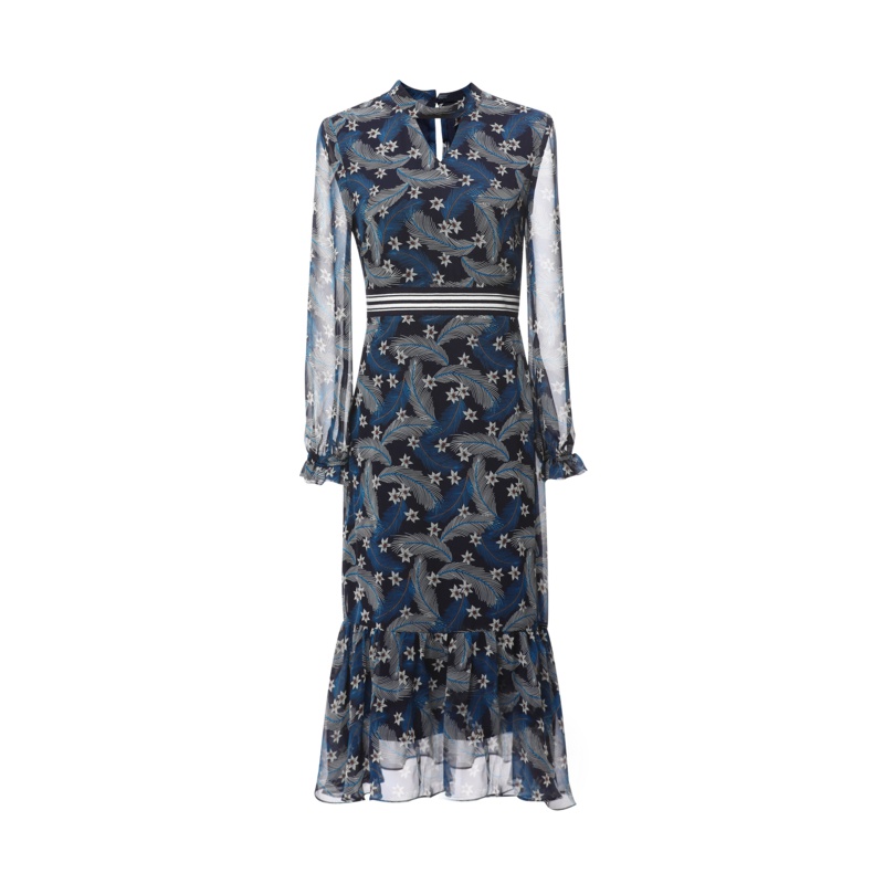 欧昵雪秋装V领拼接罗纹高腰印花雪纺连衣裙女长袖鱼尾裙