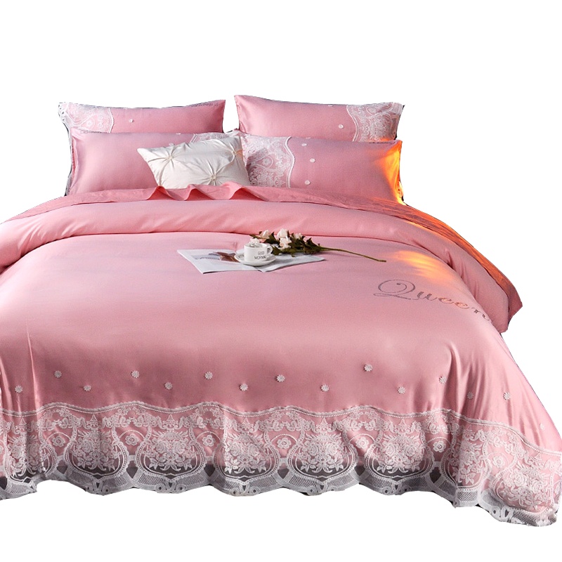 吉岳Giyou天丝全棉四件套 丝滑蕾丝贡缎四件套 轻奢床上用品被套床单枕套