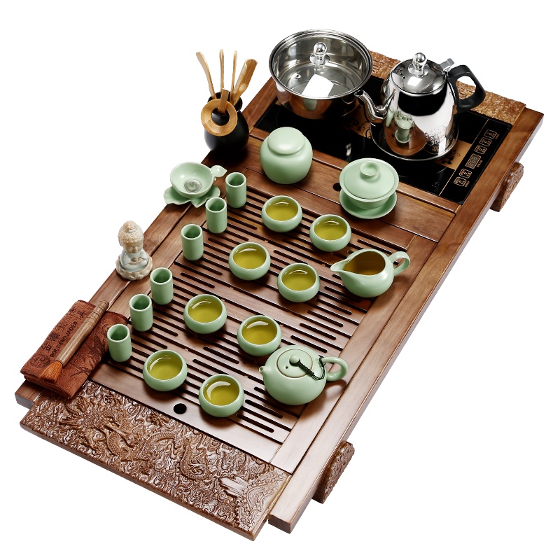 金镶玉 茶具套装 柯木实木茶盘茶壶茶杯 涌泉上水式自动烧水壶整套 祥龙仿宋汝窑套组