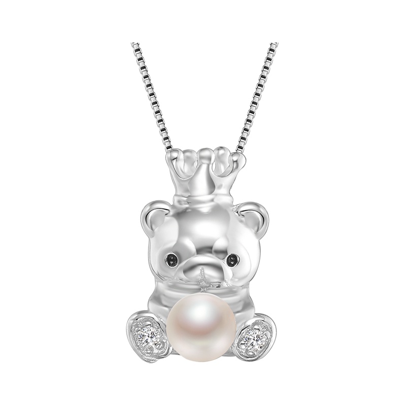 京润珍珠 皇冠熊 S925银镶淡水珍珠吊坠 4-5mm 白色近圆形珍珠项坠 珠宝宠自己送妈妈