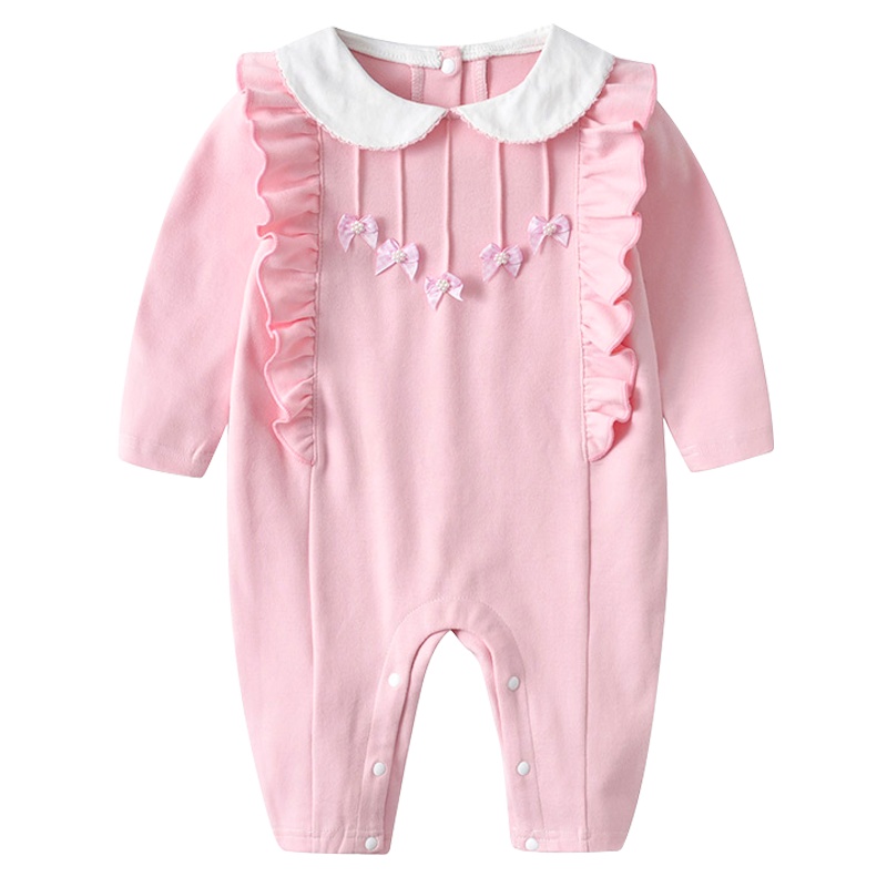 罗町 新生儿连体衣2021秋装婴幼童爬服星星蝴蝶结飞袖花边洋气公主哈衣