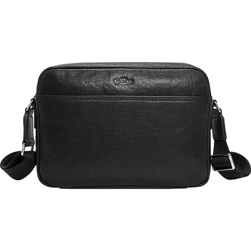 金利来(Goldlion) 单肩包头层牛皮商务斜跨包时尚横款大容量休闲男包 黑 FA183055-211