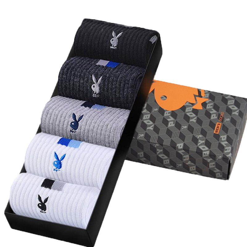花花公子男士全棉中筒袜休闲运动袜子男弹力透气棉袜5双礼盒装2984