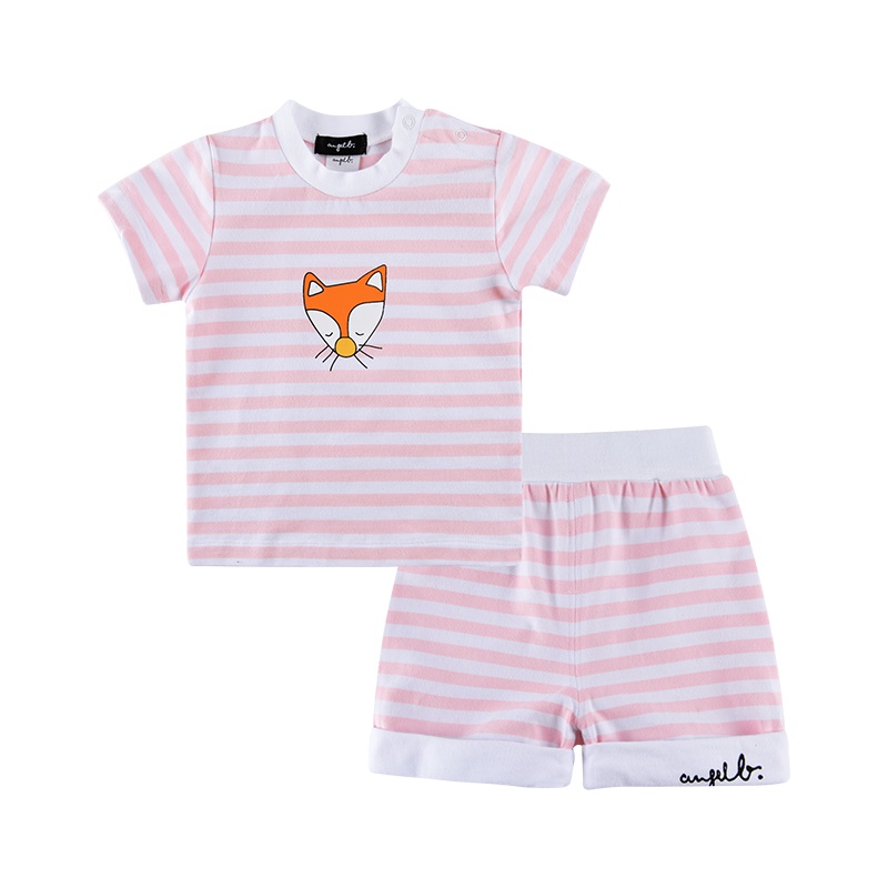 angeeb 宝贝心语0-4岁 宝宝夏装婴儿男童女童纯棉条纹印花短袖短裤套装