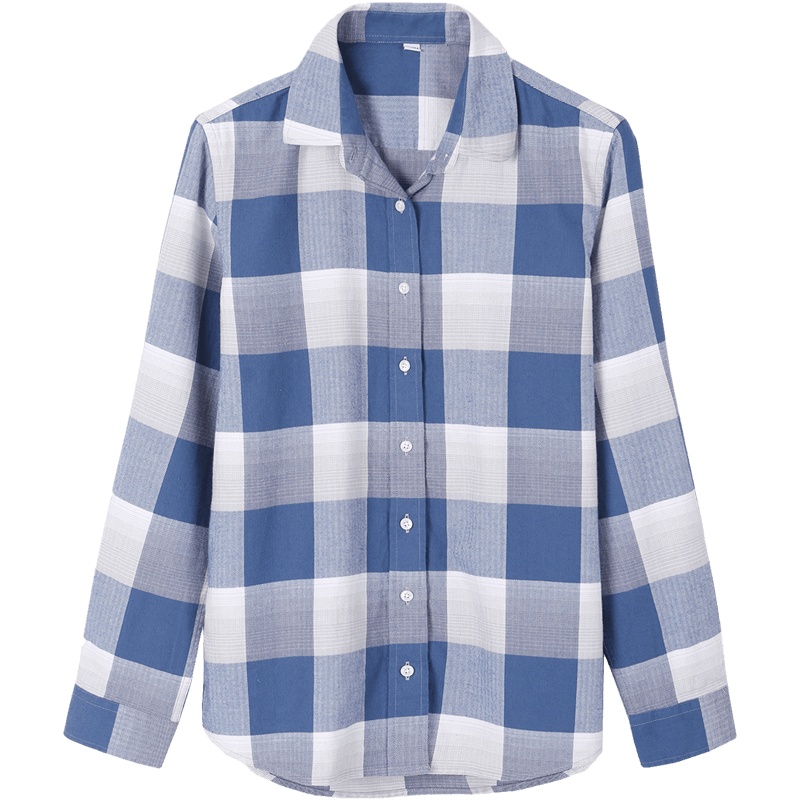 恒源祥蓝白格子衬衫女春秋长袖复古 2020新款格纹情侣装休闲衬衣