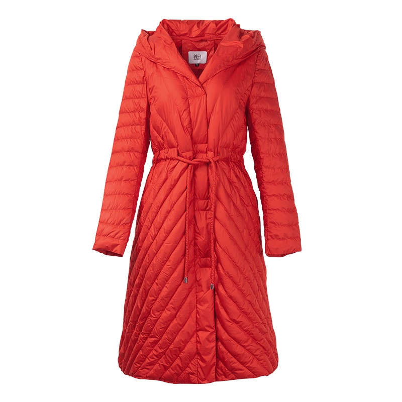 晩白 新品纯色90白鸭绒保暖连帽领系带收腰羽绒服外套