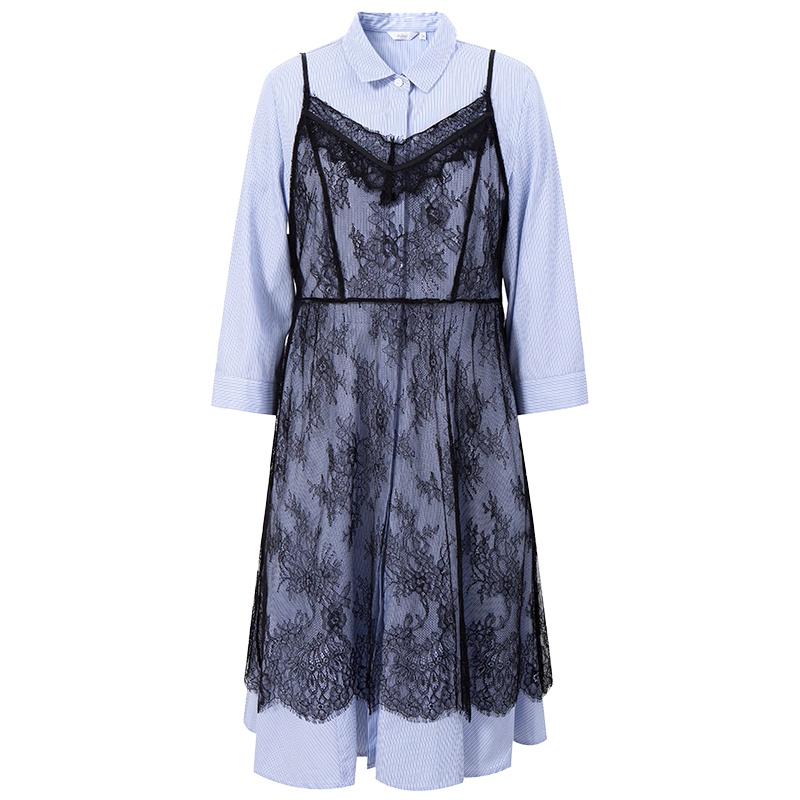 伊芙丽新款秋装韩版裙子女条纹高腰蕾丝中长款假两件衬衫式连衣裙